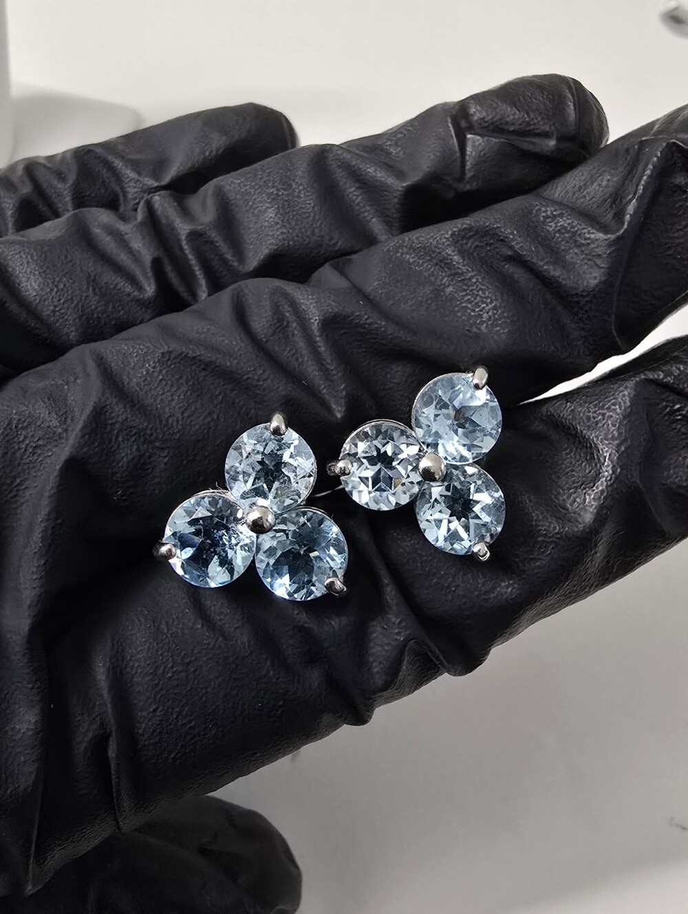 Sterling Silver 925 Swiss Blue Topaz Cluster Stud Earrings